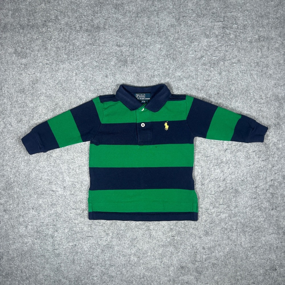 Polo Ralph Lauren Polo Shirt Boys 12M Green Navy Striped Long Sleeve Cotton Prep